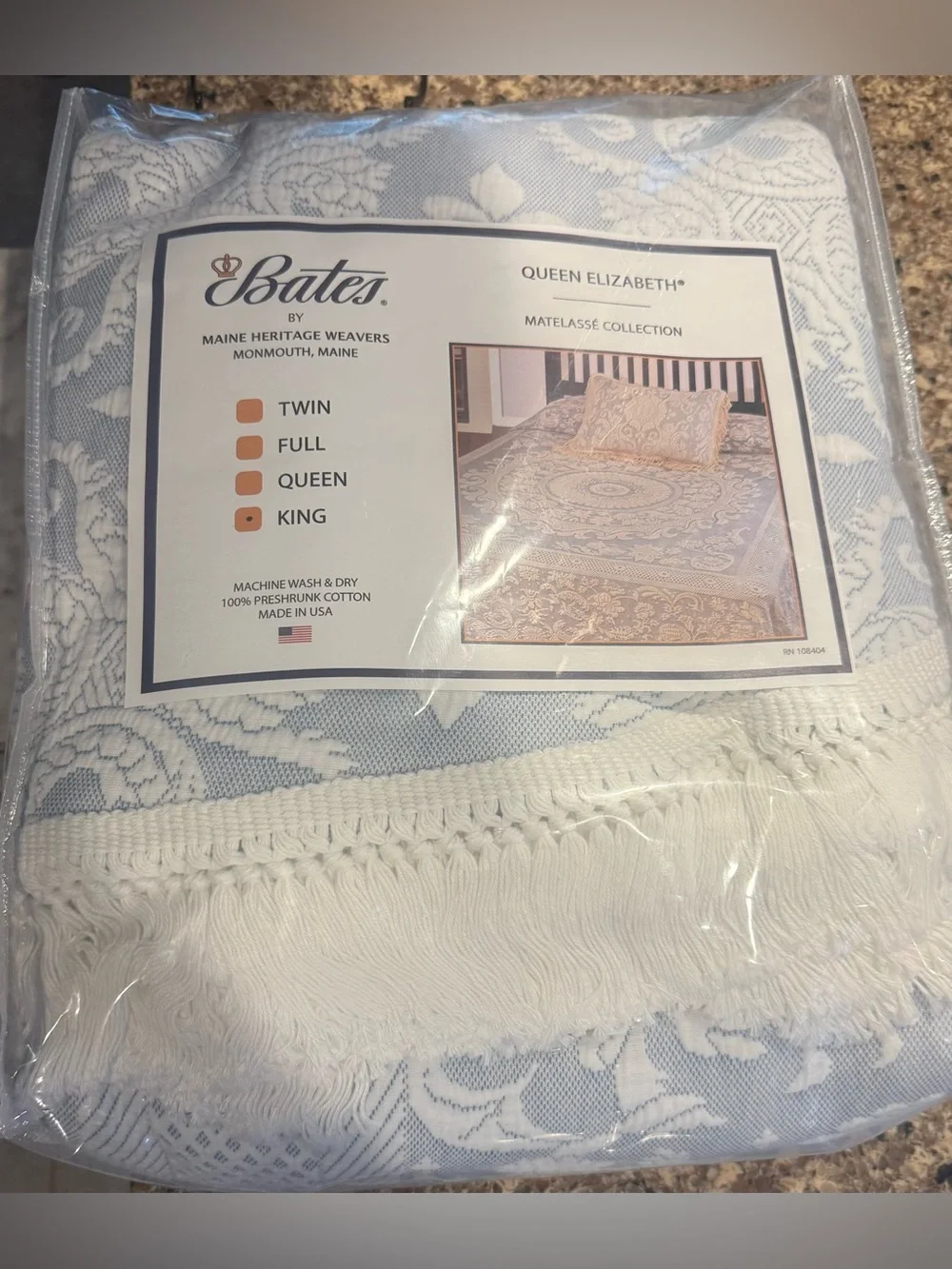 Bates Queen Elizabeth Matelassé Bedspread - Light Blue & White